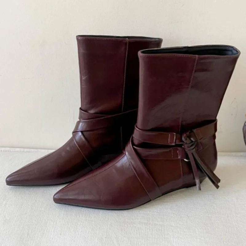 Botines de cuña retro color burdeos para mujer, de moda, con punta en pico, detalle de flecos, tacón grueso, estilo urbano, cómodos y modernos.