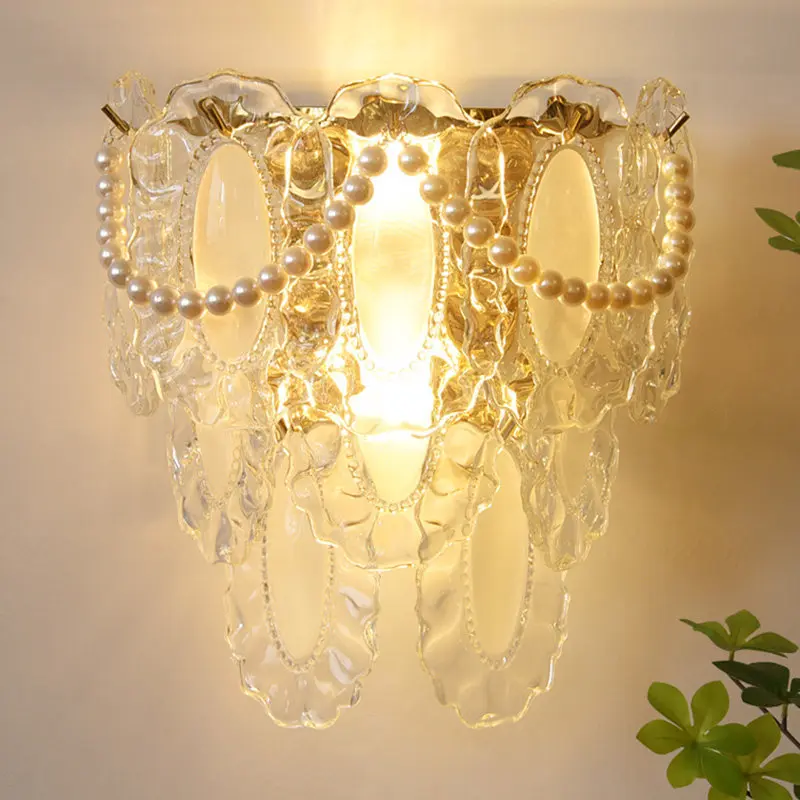 Bedhead wall lamp, creative and personalized French bedroom crystal lamp, external pearl background wall lamp, aisle lamp