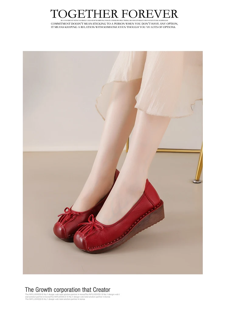 Neue Vintage-Pumps mit plissierter Schleife, Damen-Keilabsatzschuhe, flache Schuhe aus echtem Leder, handgefertigte Slip-On-Loafer für Damen, Retro-Hochzeitsschuhe in Rot. – Detail 13