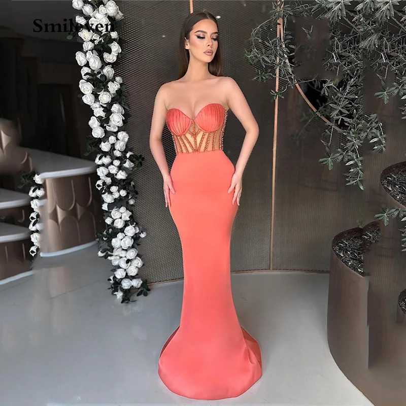 

Smileven Strapless Saudi Arabia Mermaid Evening Dresses Beading Sweetheart Prom Gowns Robe De Marieer Satin Prom Party Dress