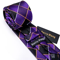 Designer Mens Tie Jacquard Necktie Pocket Square Cufflinks Set Purple Black Plaid for Male Men Wedding Busniess Party Ties Gift 5