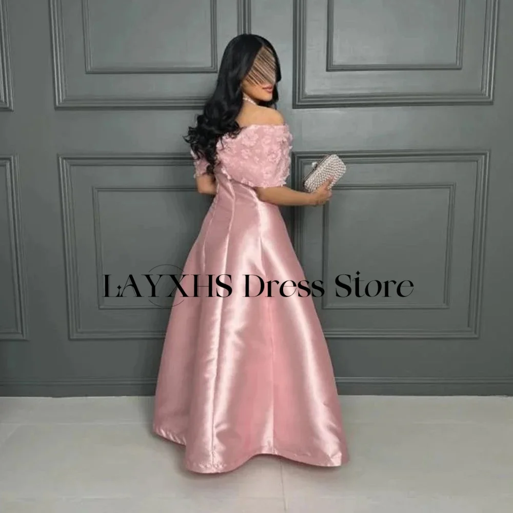 Eleganckie sukienki wieczorowe LAYXHS z odkrytymi ramionami, różowa kokarda, linia A, kwiaty, sukienki na studniówkę dla kobiet, szyte na miarę فساتين سهرة