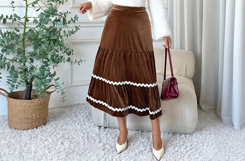 تنورة مخملية فضفاضة وأنيقة لعام 2025 مع تنورة على شكل حرف A بحزام خصر مطاطي للنساء #6