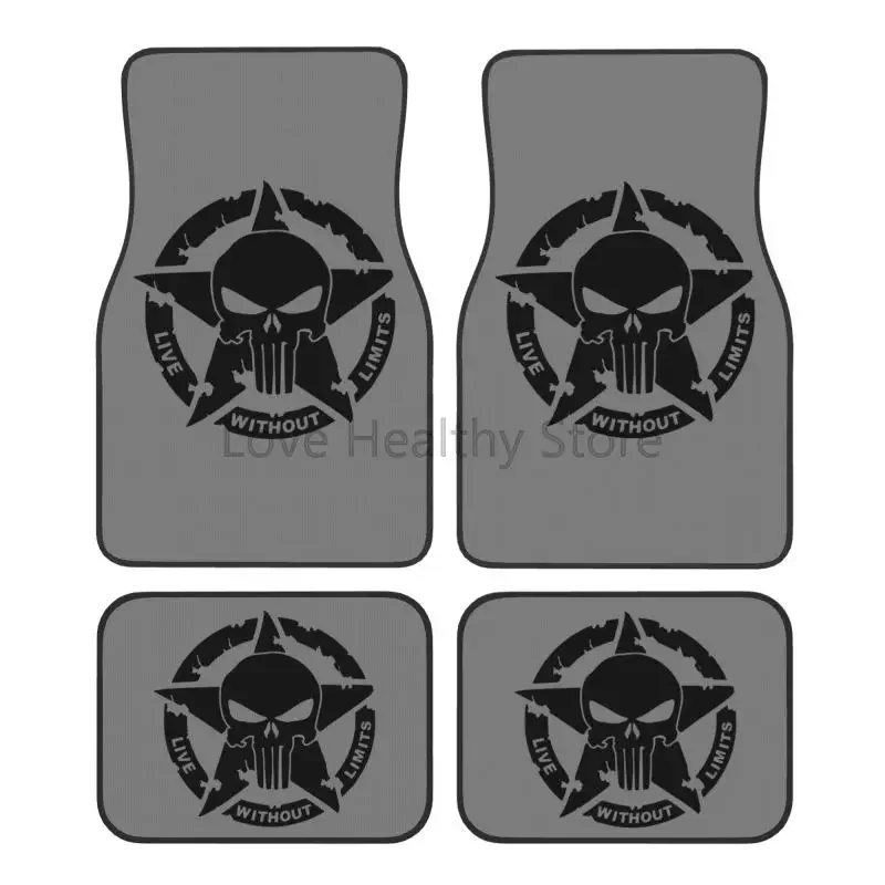 Military Tactical Skull Star Car Floor Mats Set of 4 Front and Rear Foot Mats Universal Car Accessories Decor for Van Sedan SUV