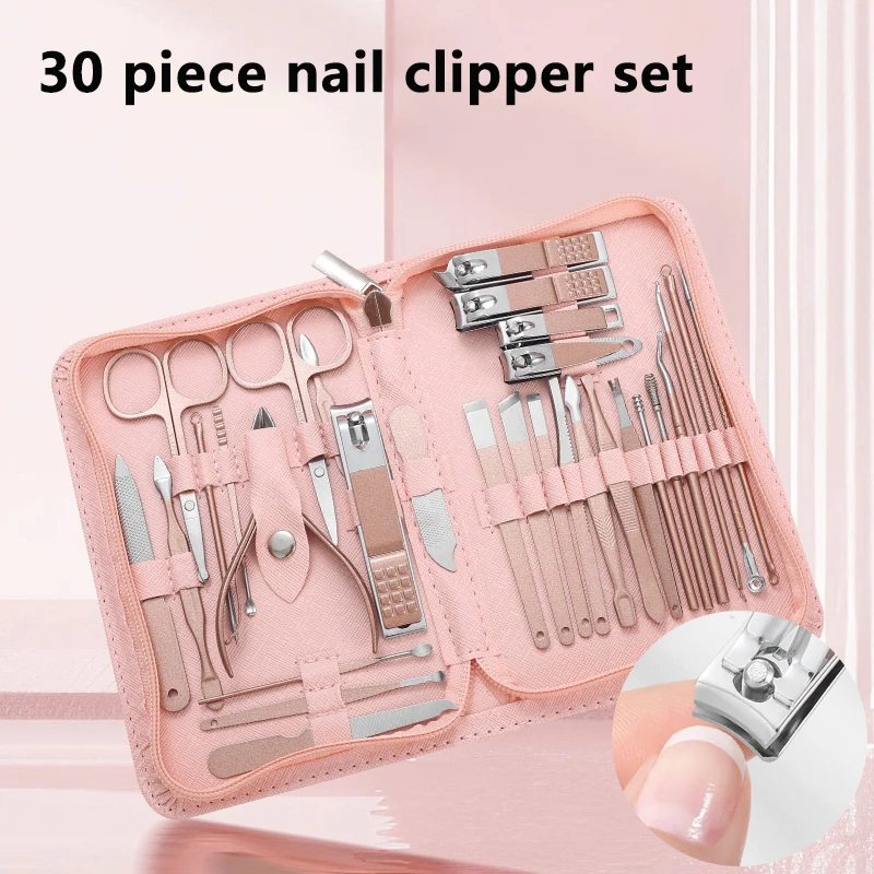 

Набор из 30 шт., профессиональный набор для маникюра и педикюра из нержавеющей стали, прецизионный уход за ногтями с дорожным футляром, ножницы для стрижки ногтей