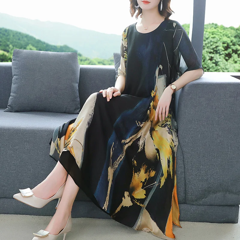 Long Skirt 2023 Summer Loose Everything Temperament Women Rich Lady Too Fashionable Loose Show Thin Print Long Dress Commuting