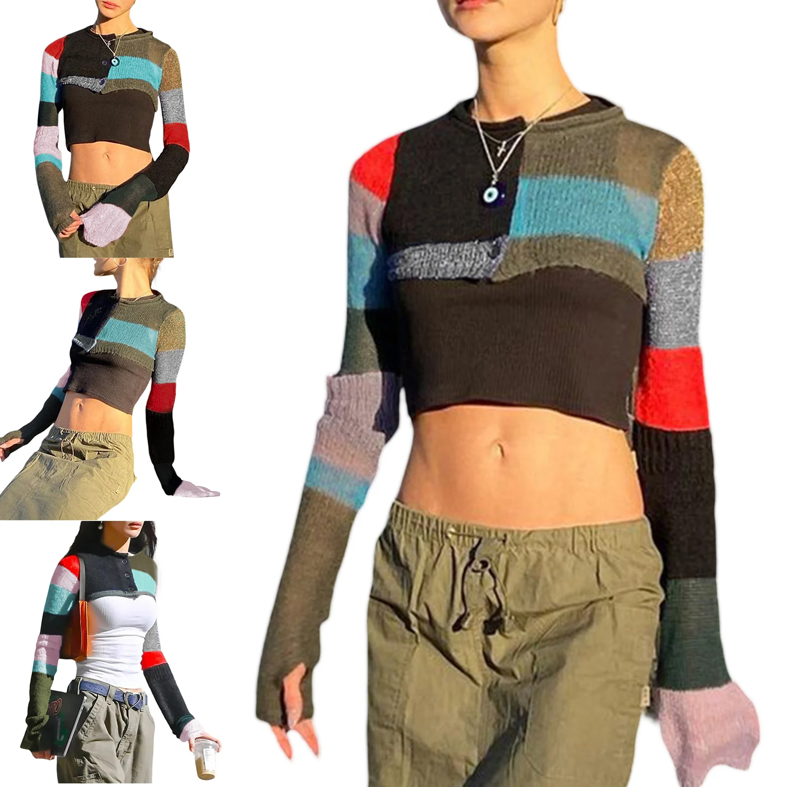 Women Y2K Crochet Knit Sweaters Crop Tops Color Block Patchwork Overall Colorful Rainbow Sweater Cardigan Shirt Streetwear