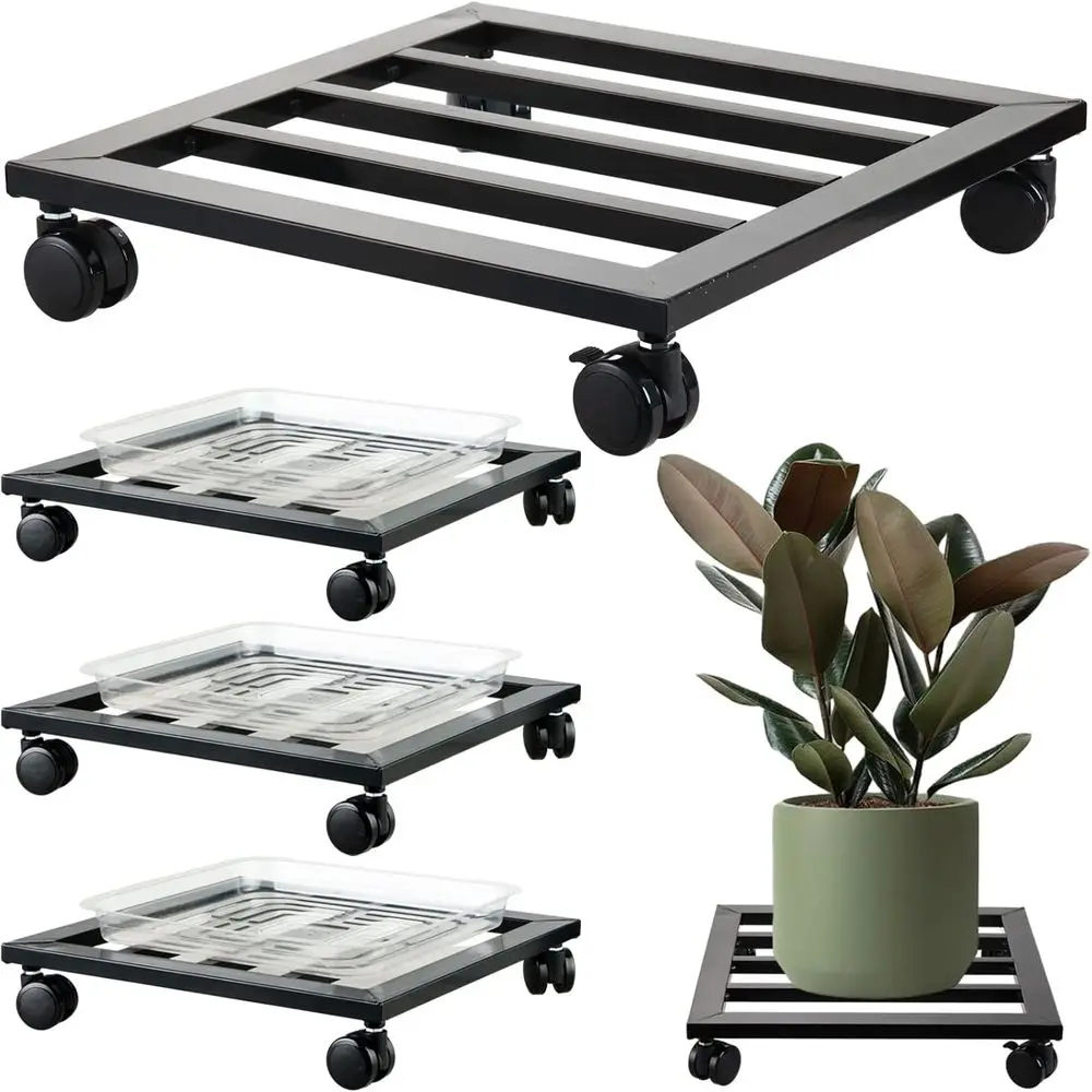 

Large 13.6 Metal Plant Caddy with PU Wheels, Square Pot Mover, Iron Rolling Stand, Indoor/Outdoor, Black
