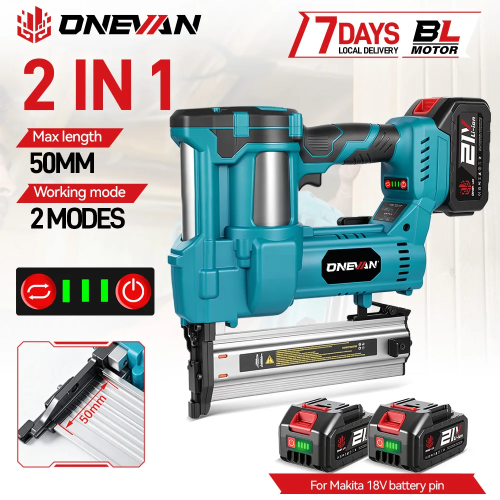 Pistolet à clous électrique sans fil multifonctionnel ONEVAN 2-en-1 sans balais, agrafeuse F15-F50 pour décoration de meubles en bois avec clous, outil électrique compatible avec batterie Makita 18V