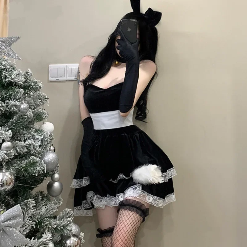 Kerstjurk Sexy Zwart-wit Bunny Cosplay Kerstjurk Korte Zwarte Kostuumriem met Handschoenhals Tiara Halloween