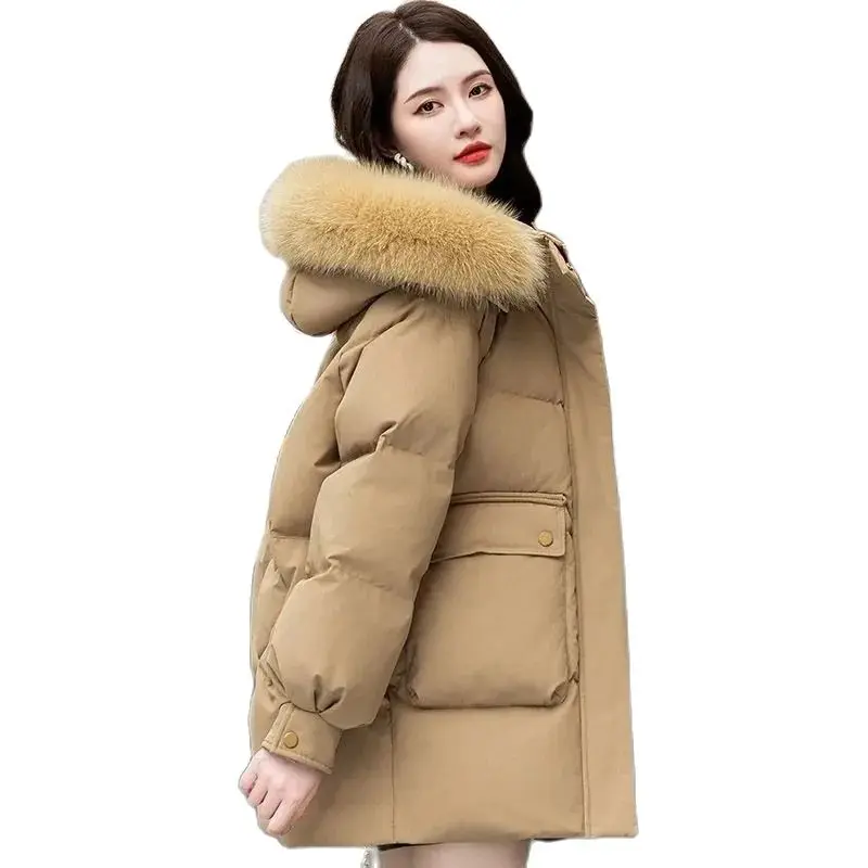 White Eiderdown Down  Female Temperament Long Winter Fashion Mother Warm Fur Collar Loose Casual Thick Coat Female Tide