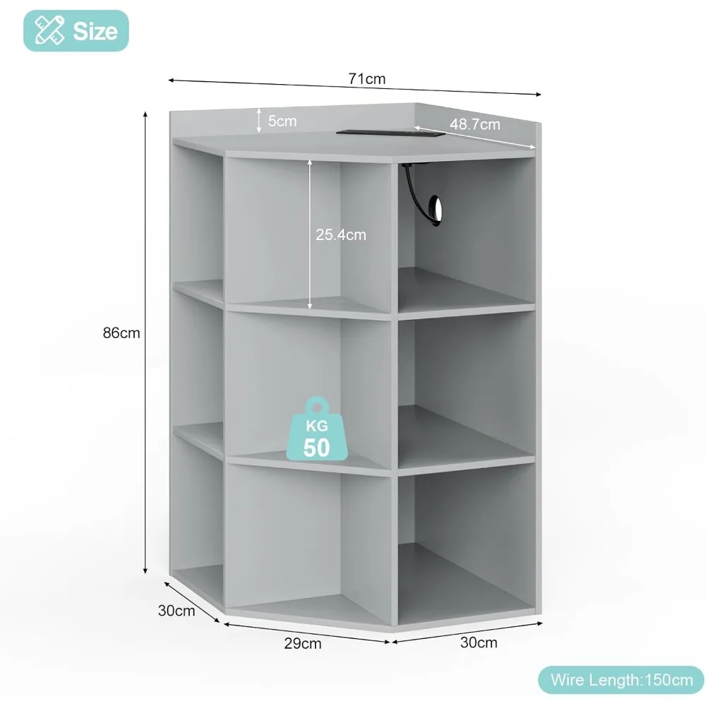 Kinder ecke Bücherregal, 9 Cubbies Eck schrank kabelloses Laden mit USB-Anschlüssen und Steckdosen, 3-stufiges Eck-Bücherregal aus Holz