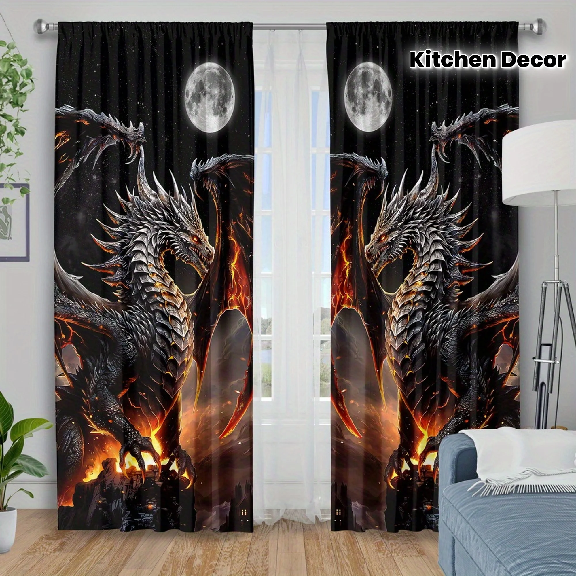 2PC Black Dragon Blackout Curtains – Fantasy Art Print for Bedroom, Living Room, Kitchen – No Rod Included