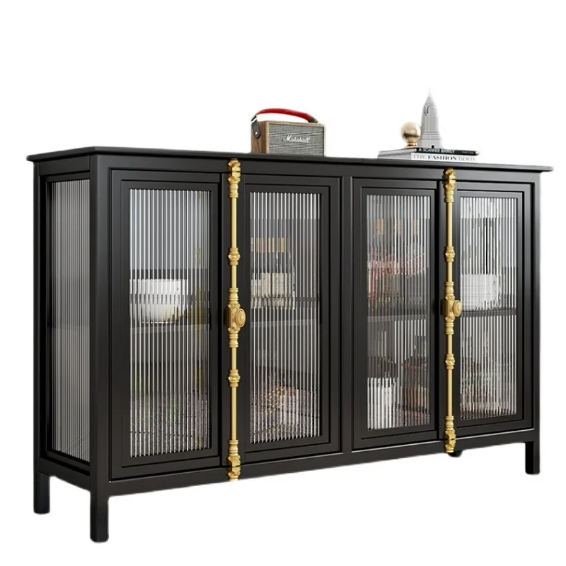 Ironcraft Sideboard in Black 75/150cm, 90cm High Metal Cabinet with Glass Doors