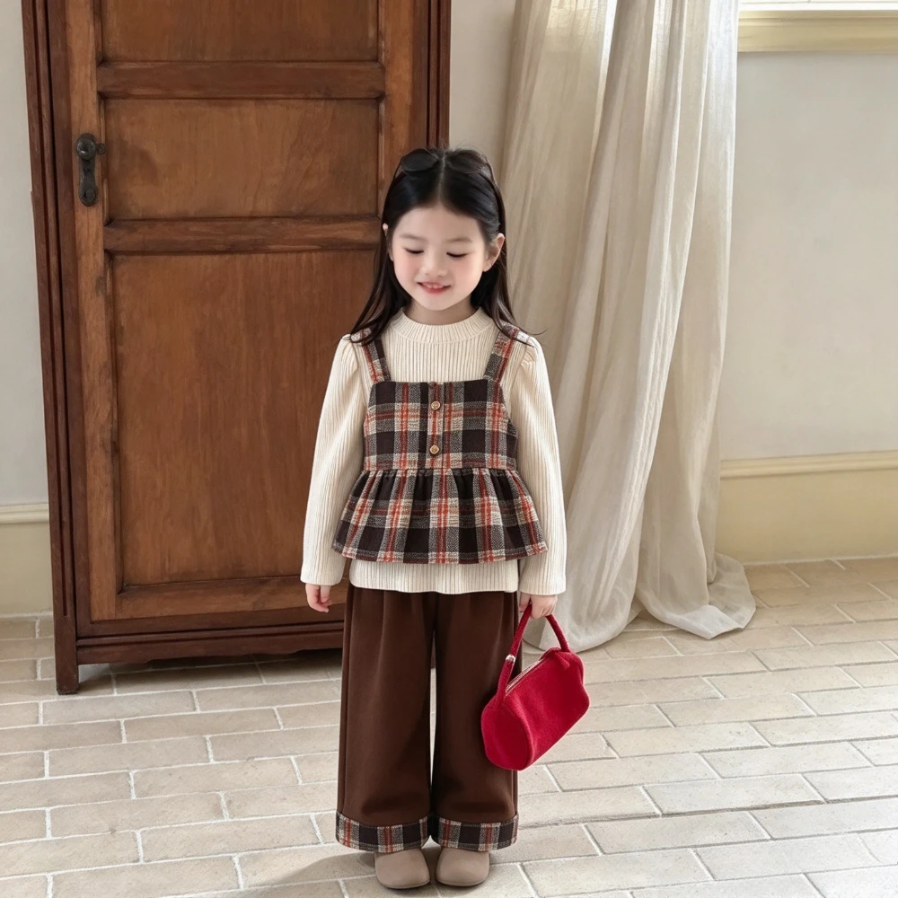 Spring and Autumn Casual Girls' Clothing Korean Checkered Three Piece Suit Vest and Long Sleeved Top Pants Kids Clothes Girls