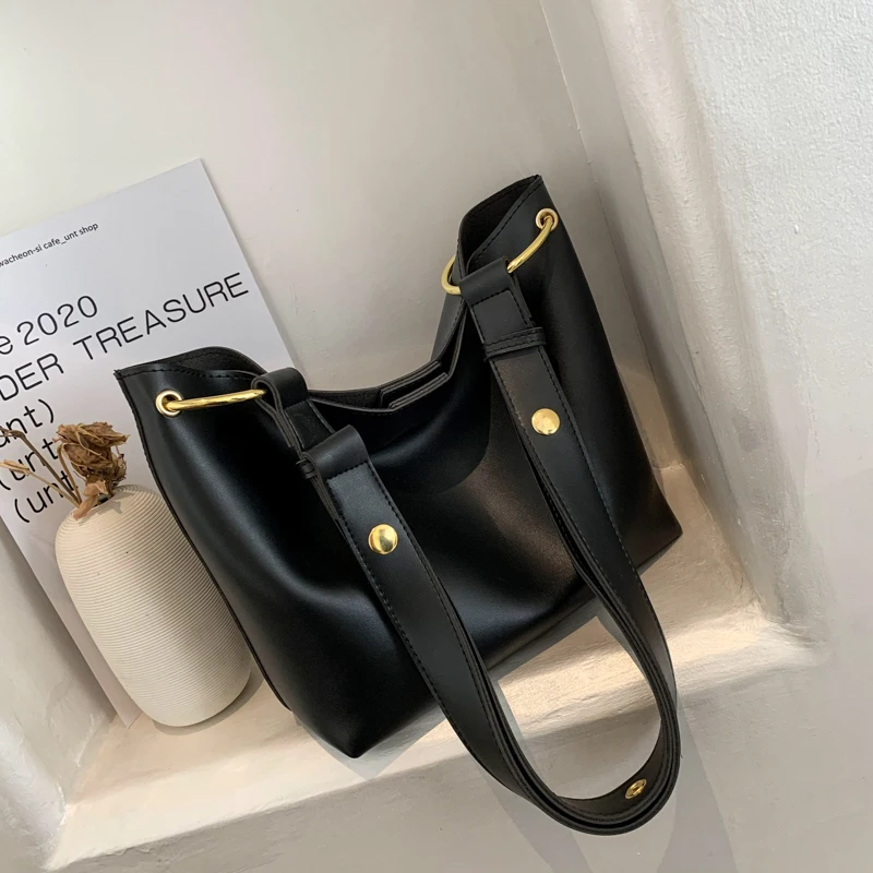 

Simple Solid Pu Leather Crossbody Shoulder Bags for Women 2022 Autumn New Luxury Designer Casual Bucket Handbag All-match Totes