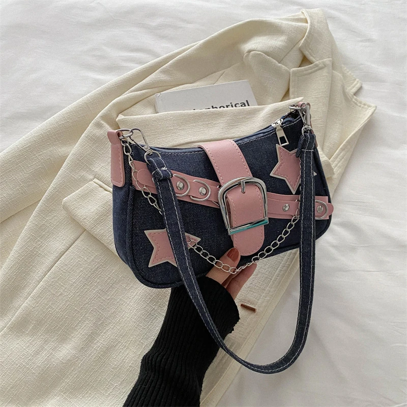 

Trendy Casual Denim Chain Single Shoulder Underarm Bag for Women 2024 New Patchwork Versatile Commuting Shopping Travel Handbags