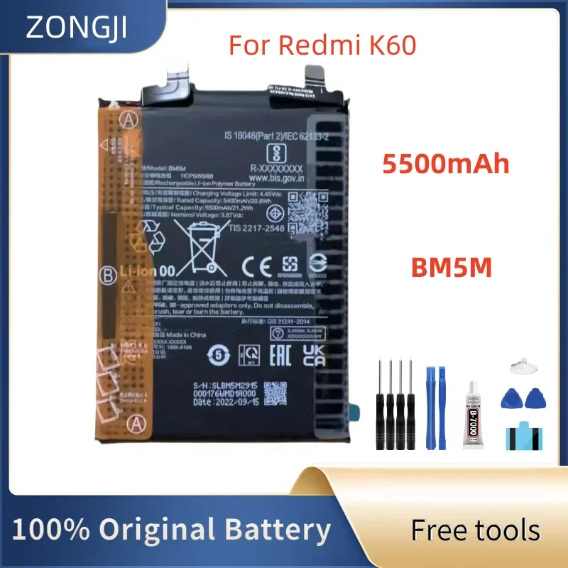 

New Battery BM5M 5500mAh For Mi Redmi K60 Reliable Power Supply Mobile Phone Batteries + Free Tools