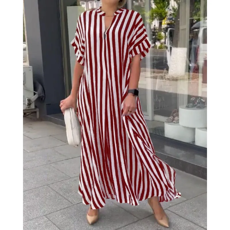 

Women's Fashion Side Slit Striped Short Sleeve Dress Female Clothing Temperament Commuting Summer New Women Casual Loose Dresses