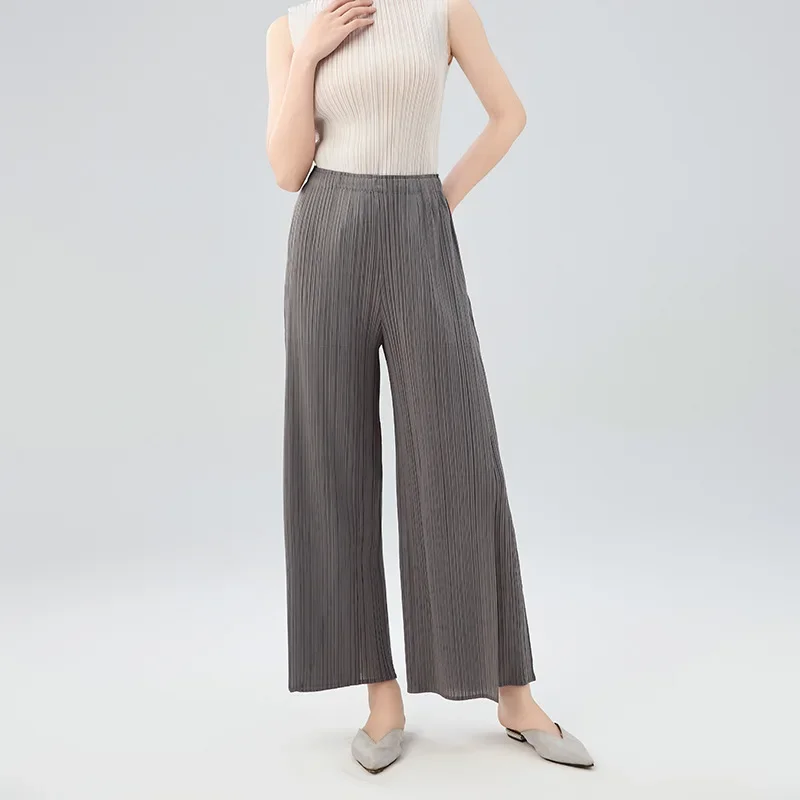 Casual Pants for Women 2024 New Summer Style Mid Waist Pleated Long Spliced Straight Leg Pants Miyake