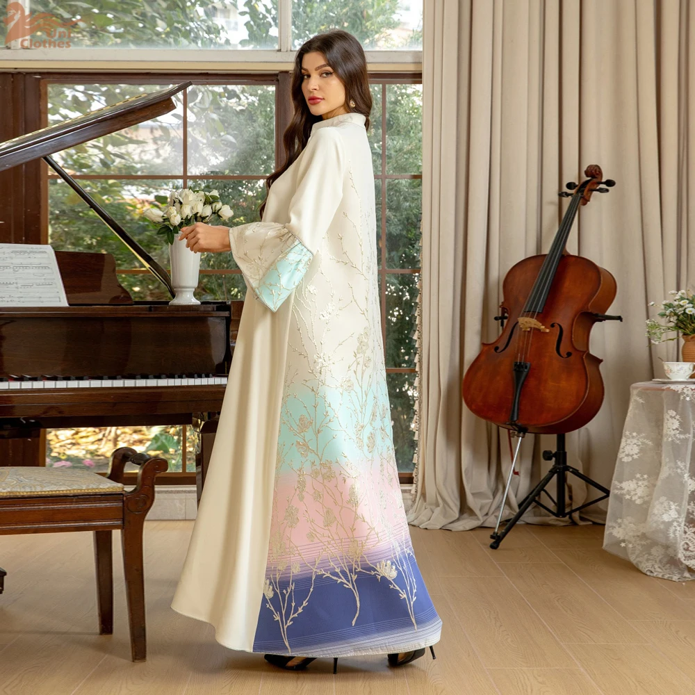 

Элегантное длинное платье Uni Muslim Dubai Fashion с цветочным жаккардовым узором и градиентным переходом цвета, марокканский арабский кафтан, исламская одежда, саудовские абайи.