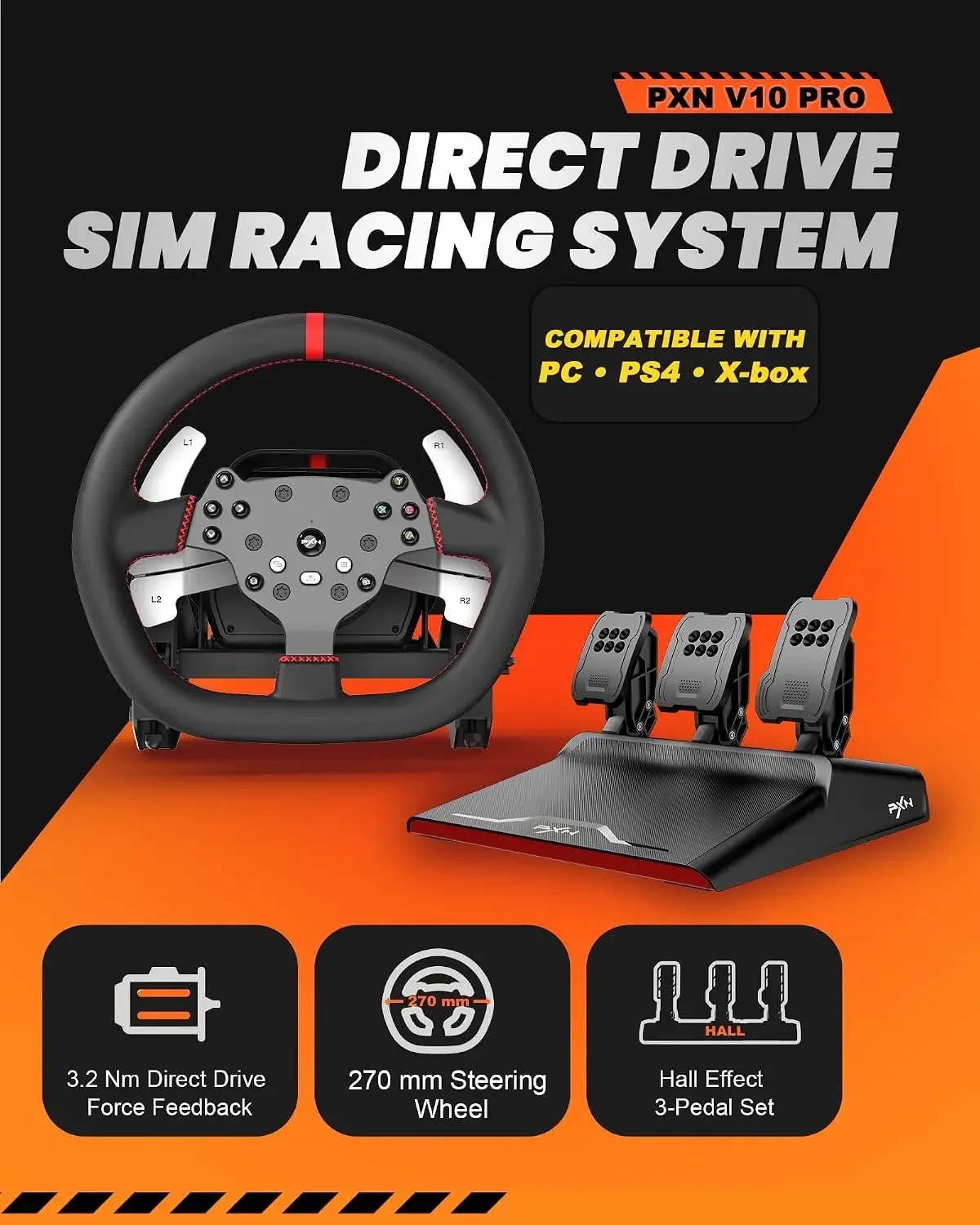 V10 PRO Direct Drive Sim Racing Wheel and Pedals for PC, Xbox, PS4 | 3.2Nm Direct Drive Force Feedback, 10.6-Inch Detachable