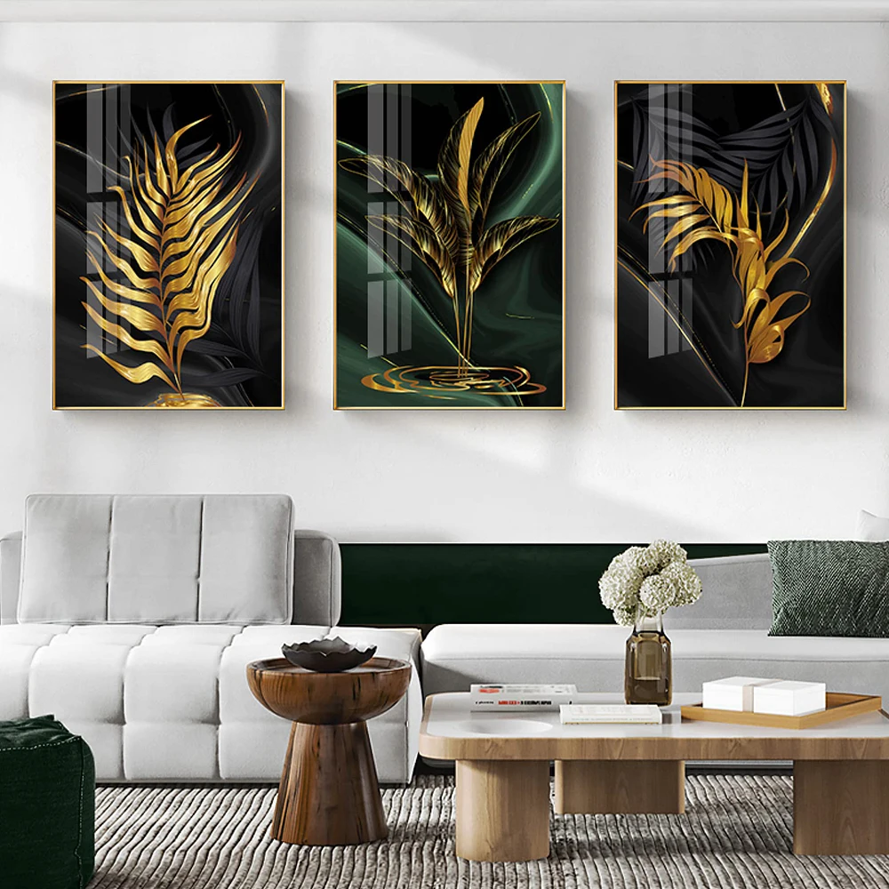 Pintura en lienzo de hoja negra verde dorada abstracta moderna, conjunto de arte de pared para baño, sala de estar, póster
