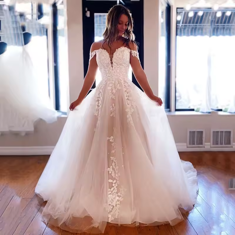 Vestidos de noiva apliqueados para mulheres, fora do ombro, vestidos de noiva boho, botões para trás, princesa