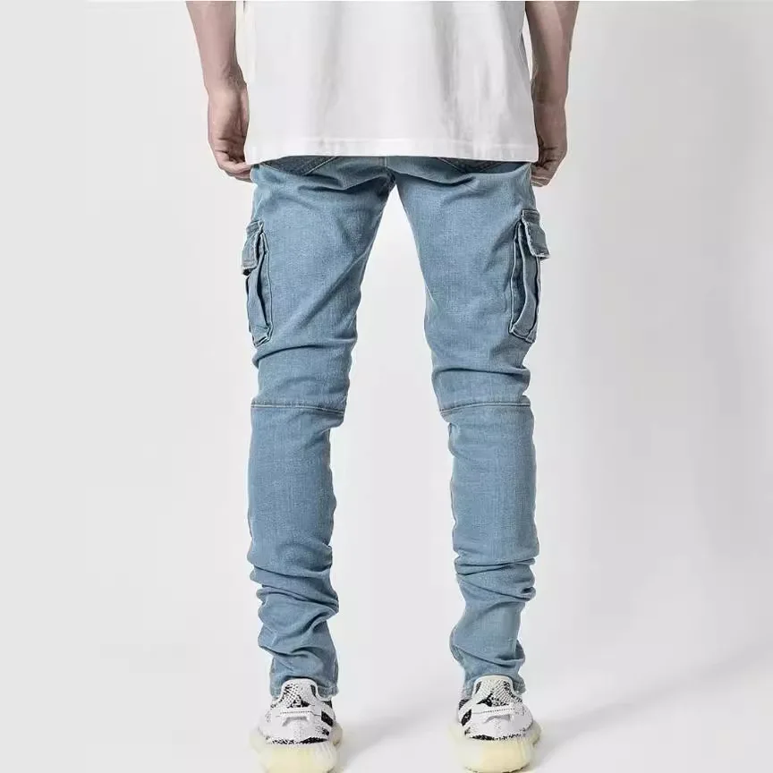 

Street Elastic Jeans For Men With Side Pockets Small Feet Tight Fit Hip Hop Denim Cargo Pants Slim Fit Daily Wear Joggers