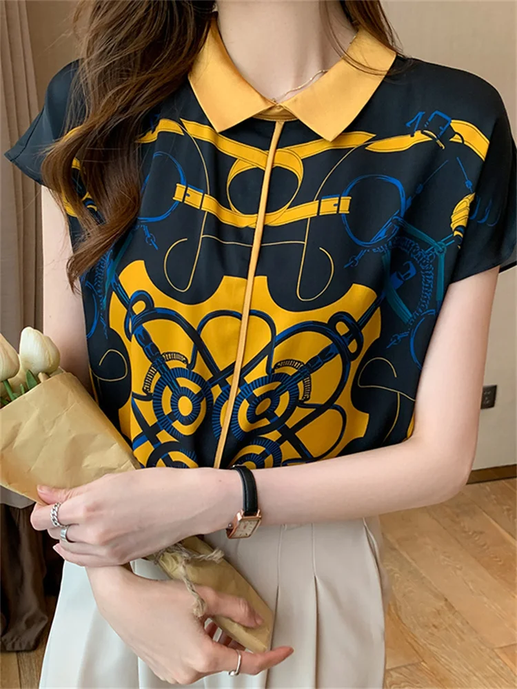 #3346 Vintage Printed Chiffon Blouse Women Polo Collar Satin Blouse Femme Raglan Sleeve Loose Womens Tops And Blouses Summer