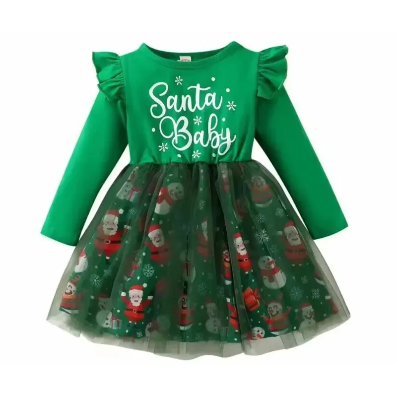 

Рождественские осенние платья из тюля с длинными рукавами и буквенным принтом Санта-Клауса, красное, зеленое платье-футболка для девочек, платье для детей