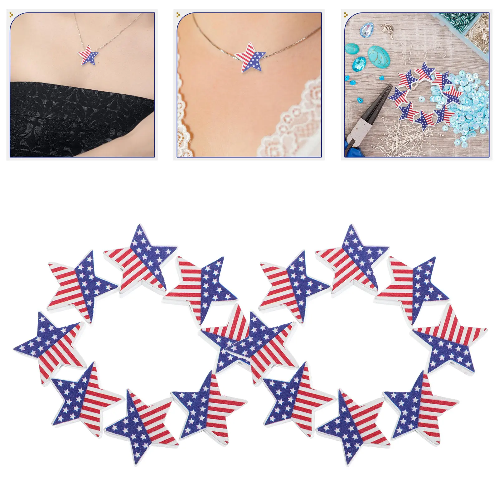 20Pcs Star Shape Wooden Beads Patriotic Usa Flag Design Loose Spacer Beads for Jewelry Making Crafts Necklace Bracelet Holiday