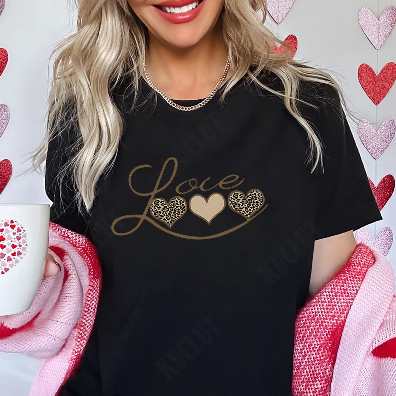 t shirt for women Leopard love Heart Graphic y2k tops Harajuku Short Sleeve tees Aesthetic Valentine's Day gift Female clothing