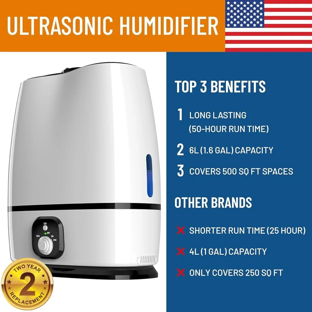 Cool Mist Humidifier Quiet Filterless 6L Bedroom Large Room Essential Oil Diffuser Air Humidifier Baby Allergies Dry Skin