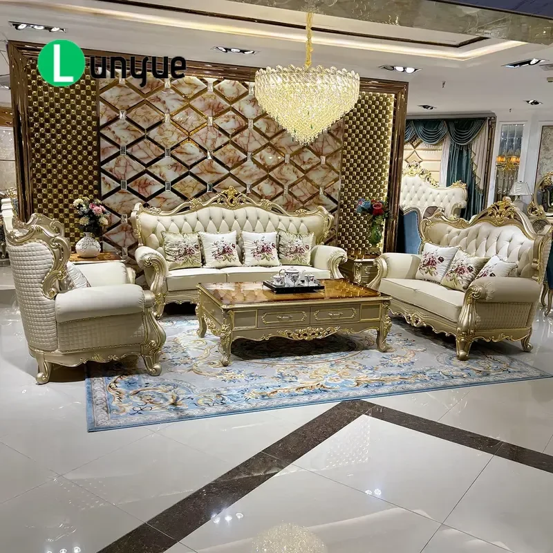 French Leather Sofa 123 Set Exquisite Wood Carving Luxury Furniture for Large Residences Villas Estates Elegant Living Room