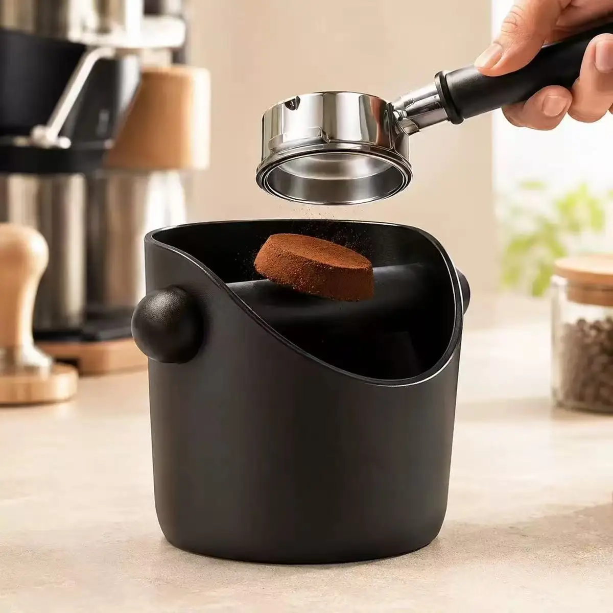 Shock-Absorbent Coffee Knock Box Anti-slip Espresso Dump Bin For Coffee Grounds with Removable Knock Bar Coffee Grind Waste Bin