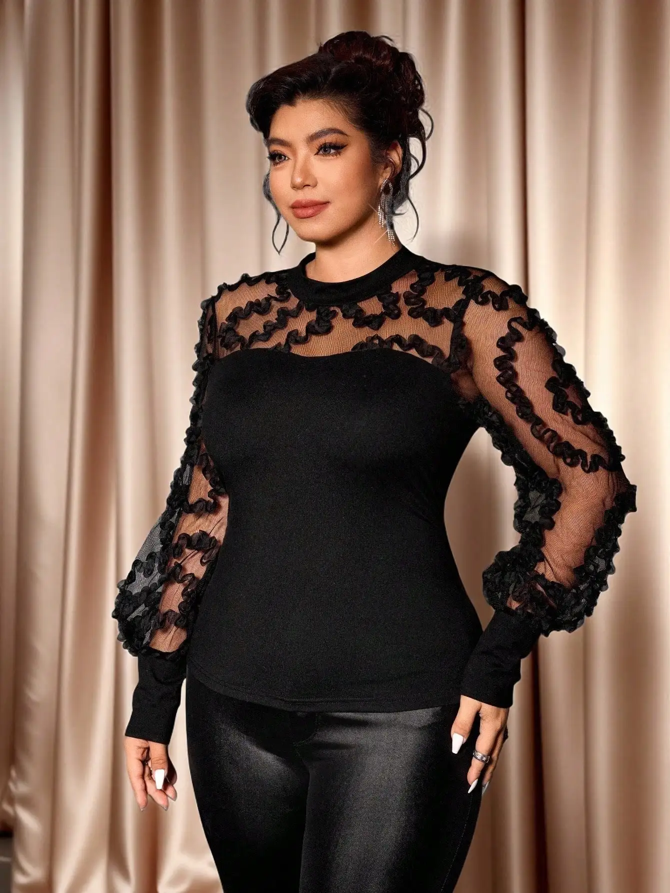

Black Plus Size Long Sleeve Mesh Ruffle Blouse - Elegant Party Top with Sheer Sleeves