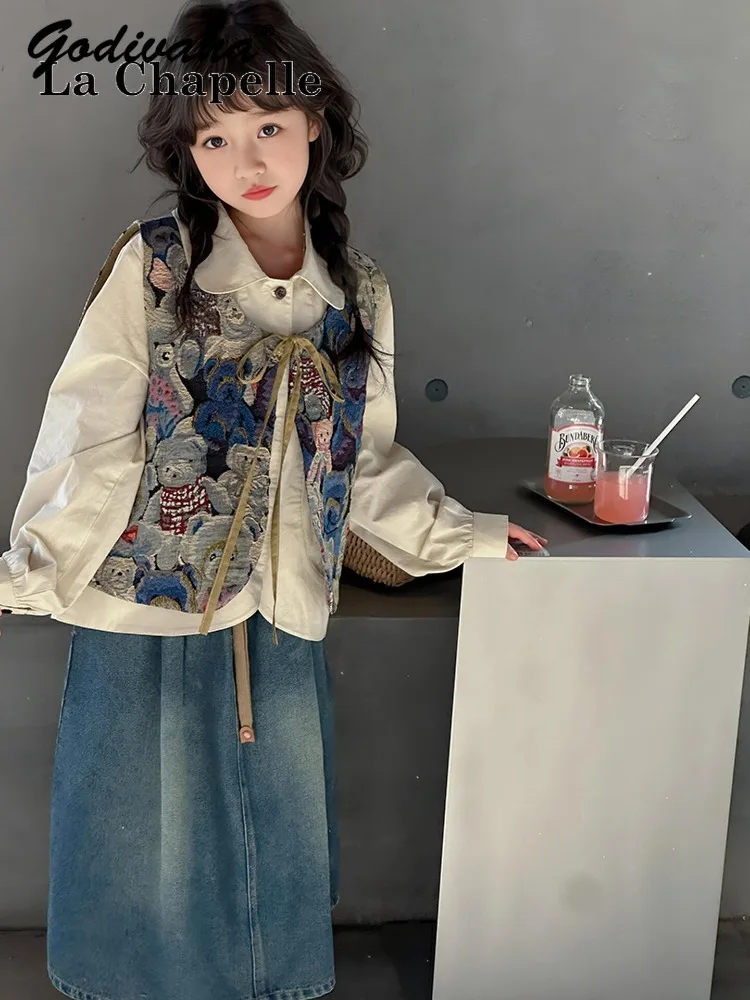 

Girls Chinese Outfit Set Spring and Autumn 2026 New Girl Fashion Elegant Embroidery Vest Basic White Blouse Denim Skirt 3pcs Set