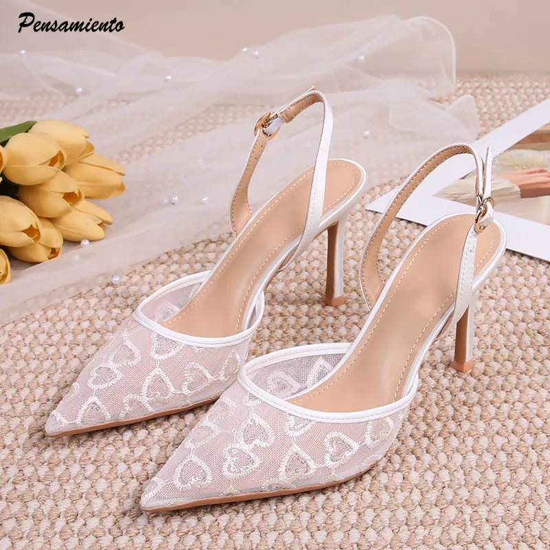 

Summer Fashion Lace Air Mesh Sequined Embroidery Women Pumps Satin Slingbacks Stiletto High heels Wedding Party Bridal Shoes