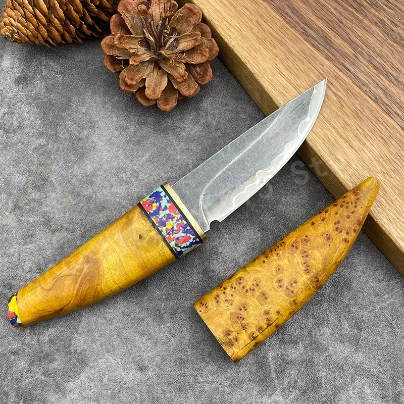 Wooden Straight Knife with Composite Steel Blade White Shadow Wood Handle for Camping and Survival in The Wild EDC Hunting Knife