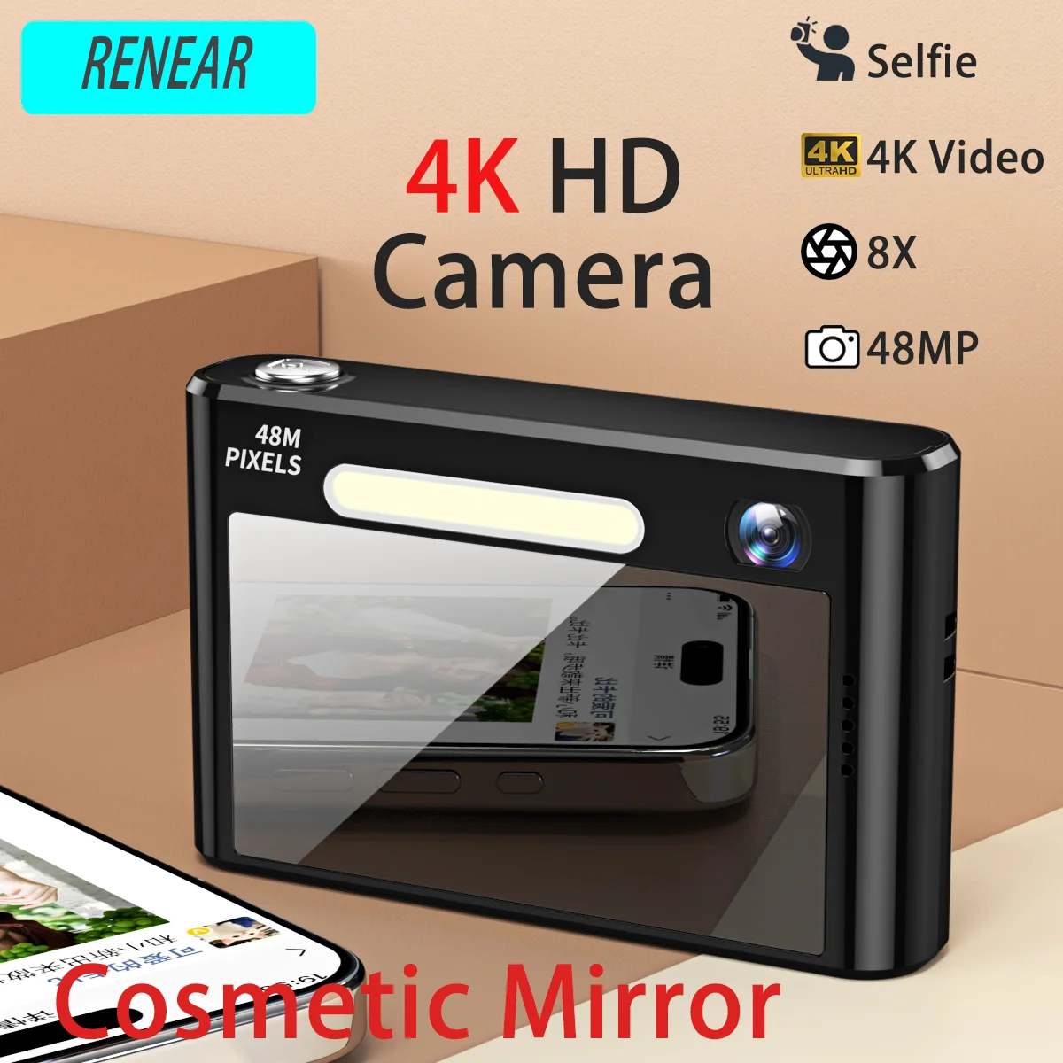 48MP 4K Digital Camera 2.4 inch Screen Autofocus Photography Makeup Mirror Portable  For Selfie Kid Beginners Vlogging Camera