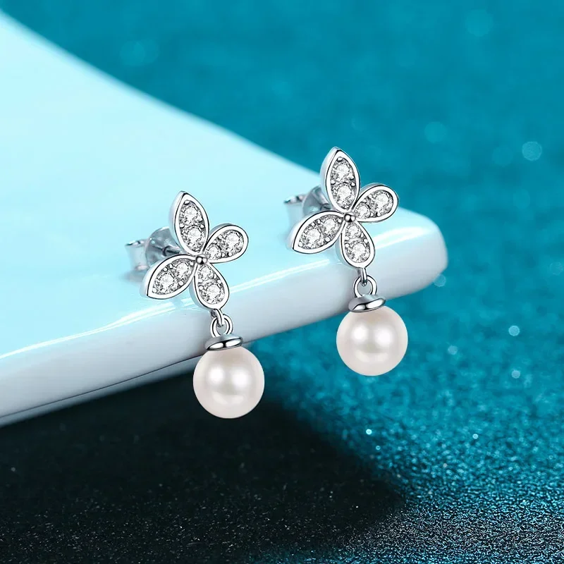 

Luxury 6mm Pearls Butterfly Wedding Earrings, White Gold PT950 Women's Drop Earrings with Moissanite Diamond Birthday Gift