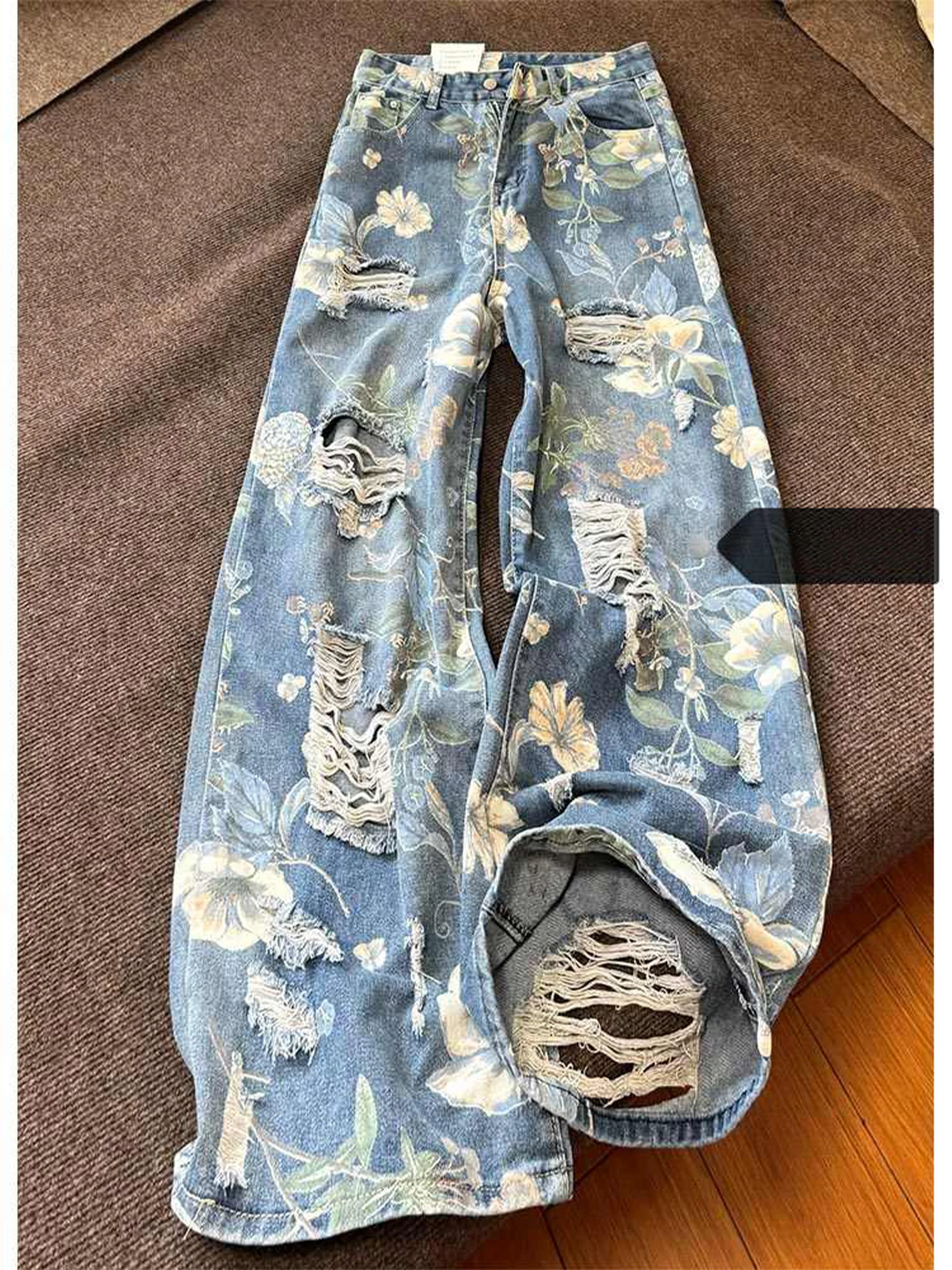 

Women Blue Y2k Baggy Flower Print Jeans Harajuku Vintage Denim Trouser Japanese 2000s Style Ripped Jeans Pants Oversize Clothes