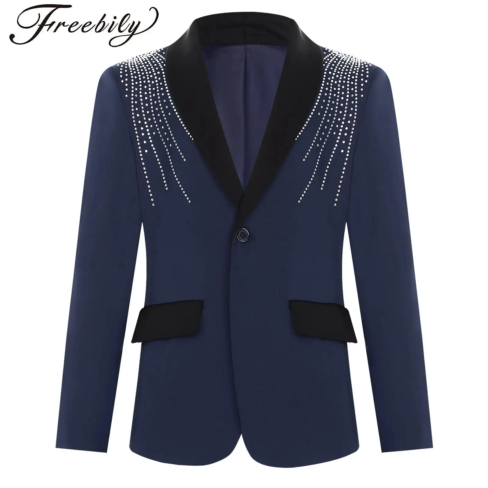 

Elegant Boys Formal Suit Long Sleeve Lapel Fake Pockets Rhinestone Blazer Coat Tuxedo for Banquet Wedding Birthday Party Photo