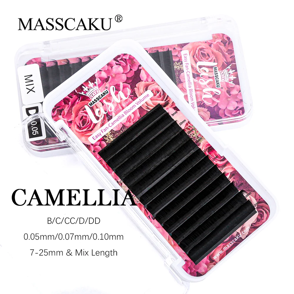 

MASSCAKU Individual Natural Easy Fanning Eyelash Extensions 0.05mm 0.07mm C D Curl Russian Volume Camellia Blooming Lashes Trays