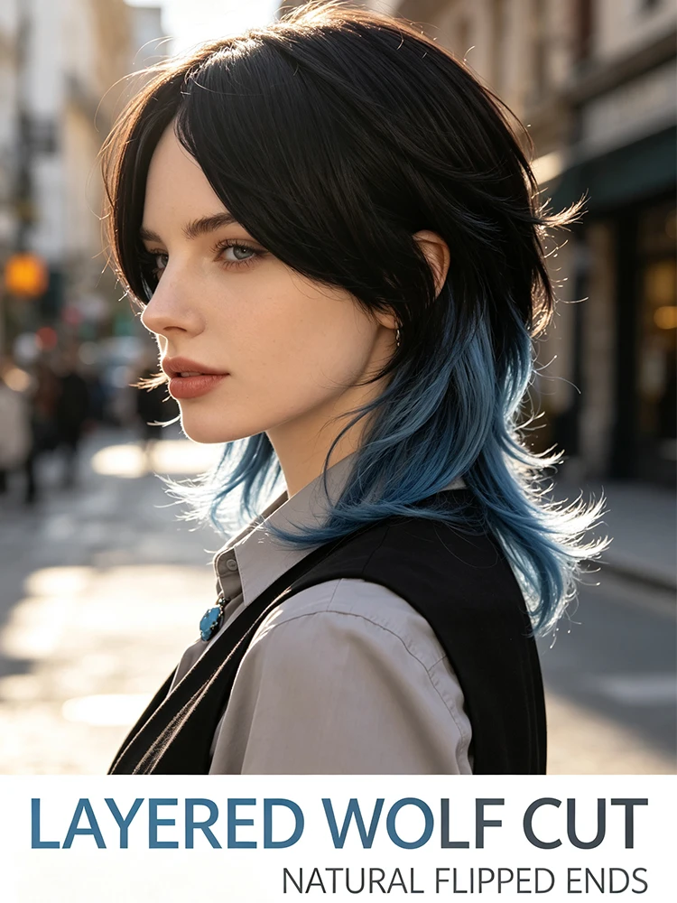 Synthetic 16 Inch Black Blue Gradient Wolf Cut Outward Curl Fashion Wig Halloween Cosplay Heat Resistant Fiber Hair