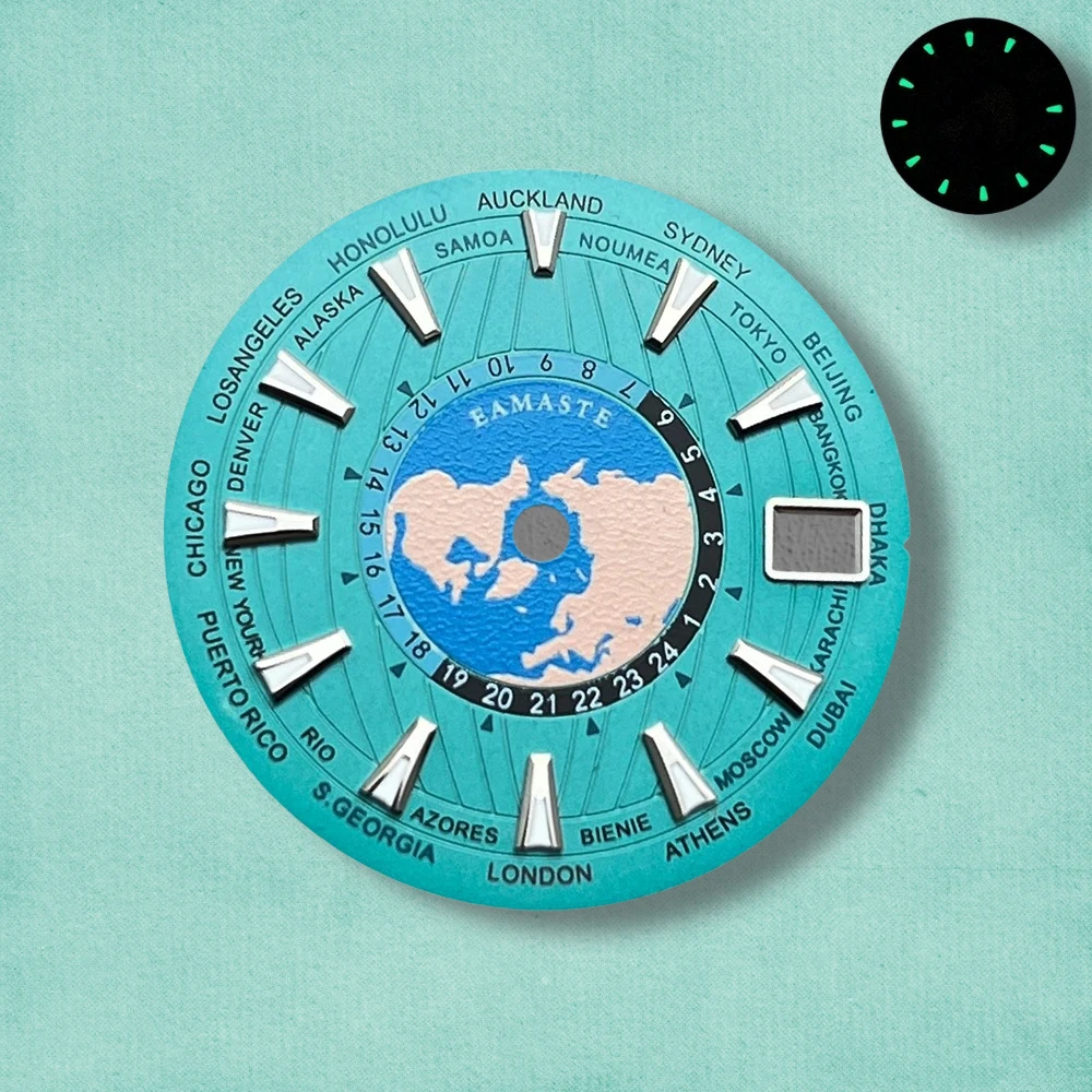 28.5mm S Logo World Map Dial Fit NH35/NH36/4R/7S Japanese Automatic Movement Green Luminous Watch Modification Accessories