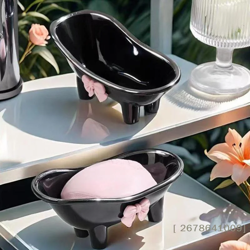 ⚑ Niedliche Badewannenförmige Seifenschale - Plastik-Schwammhalter mit Rosa Schleife, Dekoratives Badezimmer-Tablett
