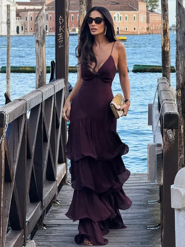 Imagen 2 del producto Vestido elegante liso con volantes para mujer, vestidos largos de fiesta sin mangas y espalda descubierta a la moda, novedad de 2025, batas de vacaciones para mujer en la calle