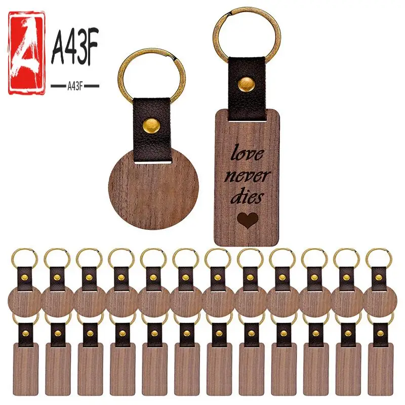 

A43F-26 Pcs Leather Wood Keychain Blanks, Rectangle And Round Blank Wood Engraving Keychain With Leather Strap,For DIY